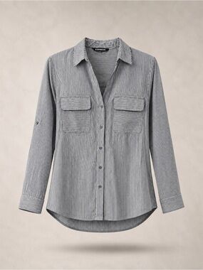 Express Men's Blue and White Striped Button-Down Shirt